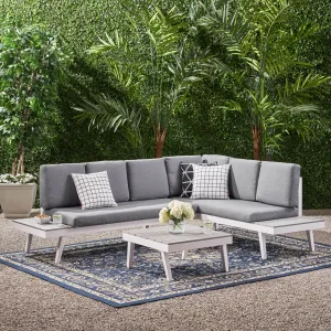 Outdoor Aluminum Sofa Sectional with Faux Wood Accents, White and Gray - NH343903 patio chairs, outdoor seating