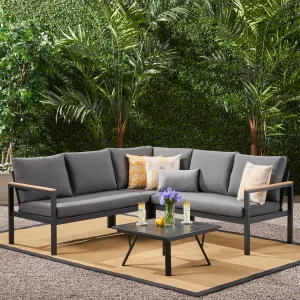 Outdoor Aluminum V-Shaped Sofa Set with Faux Wood Accents, Gray Finish and Gray - NH503903 patio chairs, outdoor seating