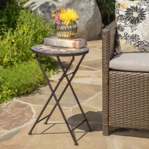 Outdoor Beige and Black Stone Side Table with Iron Frame - NH851103 patio chairs, outdoor seating