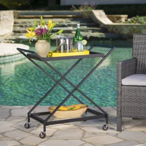 Outdoor Black Powder Coated Iron Bar Cart with Tempered Glass Shelves - NH745203 patio chairs, outdoor seating