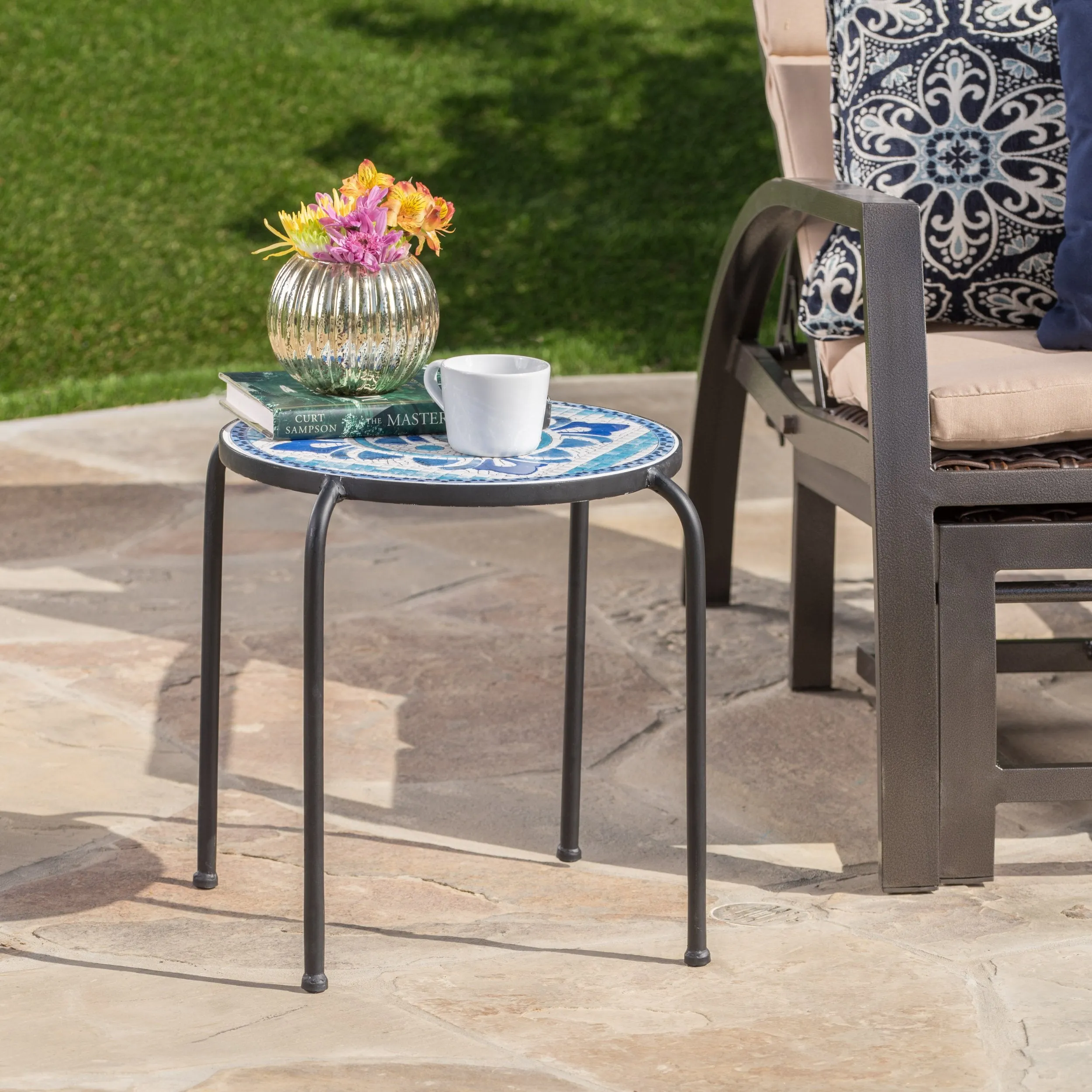 Outdoor Blue & White Ceramic Tile Iron Frame Side Table - NH161103 patio chairs, outdoor seating