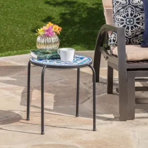 Outdoor Blue & White Ceramic Tile Iron Frame Side Table - NH161103 patio chairs, outdoor seating
