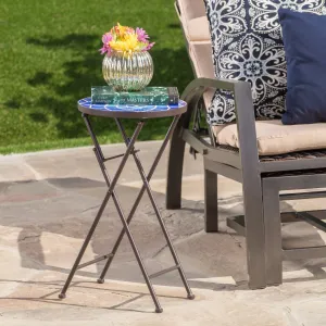 Outdoor Blue and White Glass Side Table with Iron Frame - NH061103 patio chairs, outdoor seating
