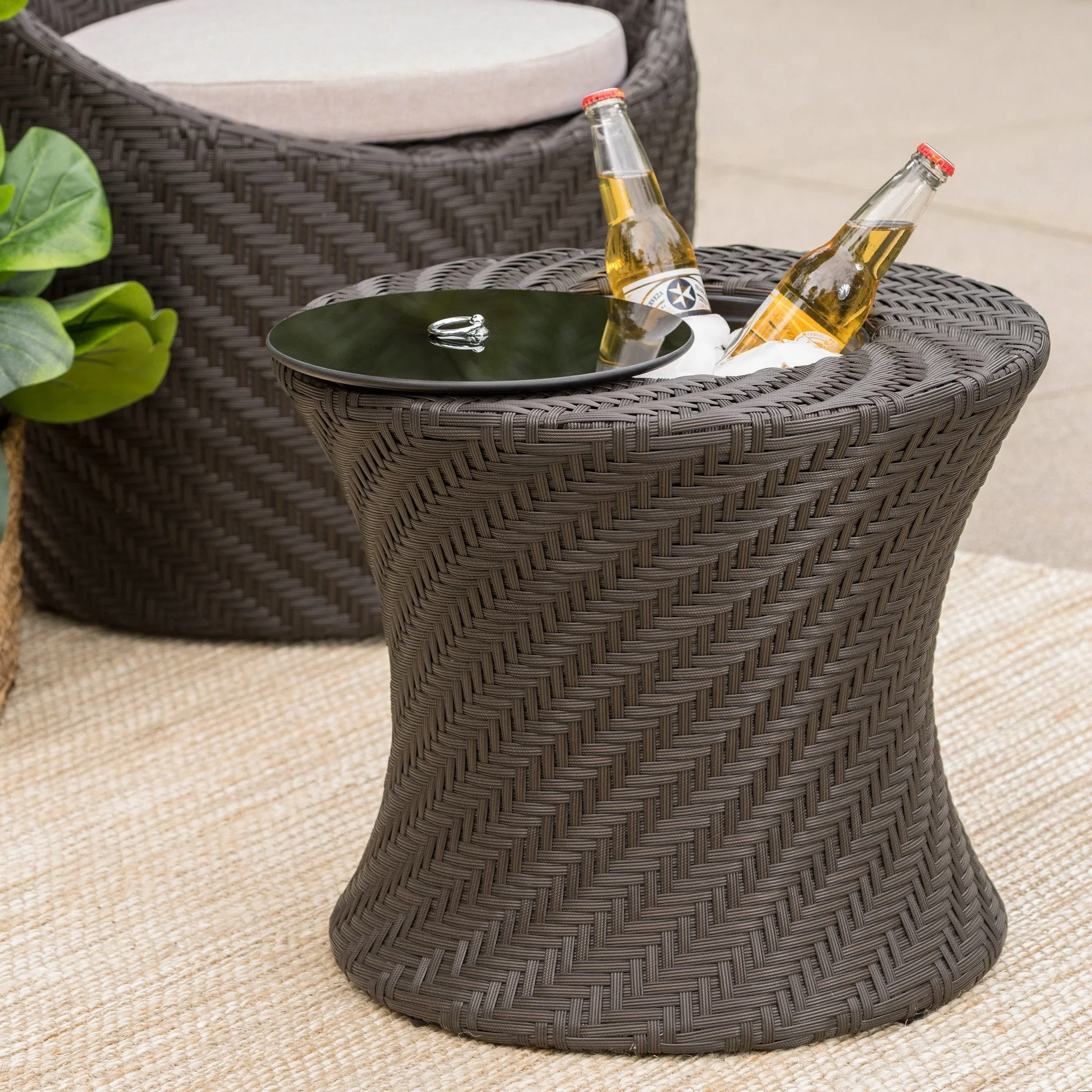 Outdoor Brown Wicker Accent Table with Ice Bucket - NH723003 patio chairs, outdoor seating