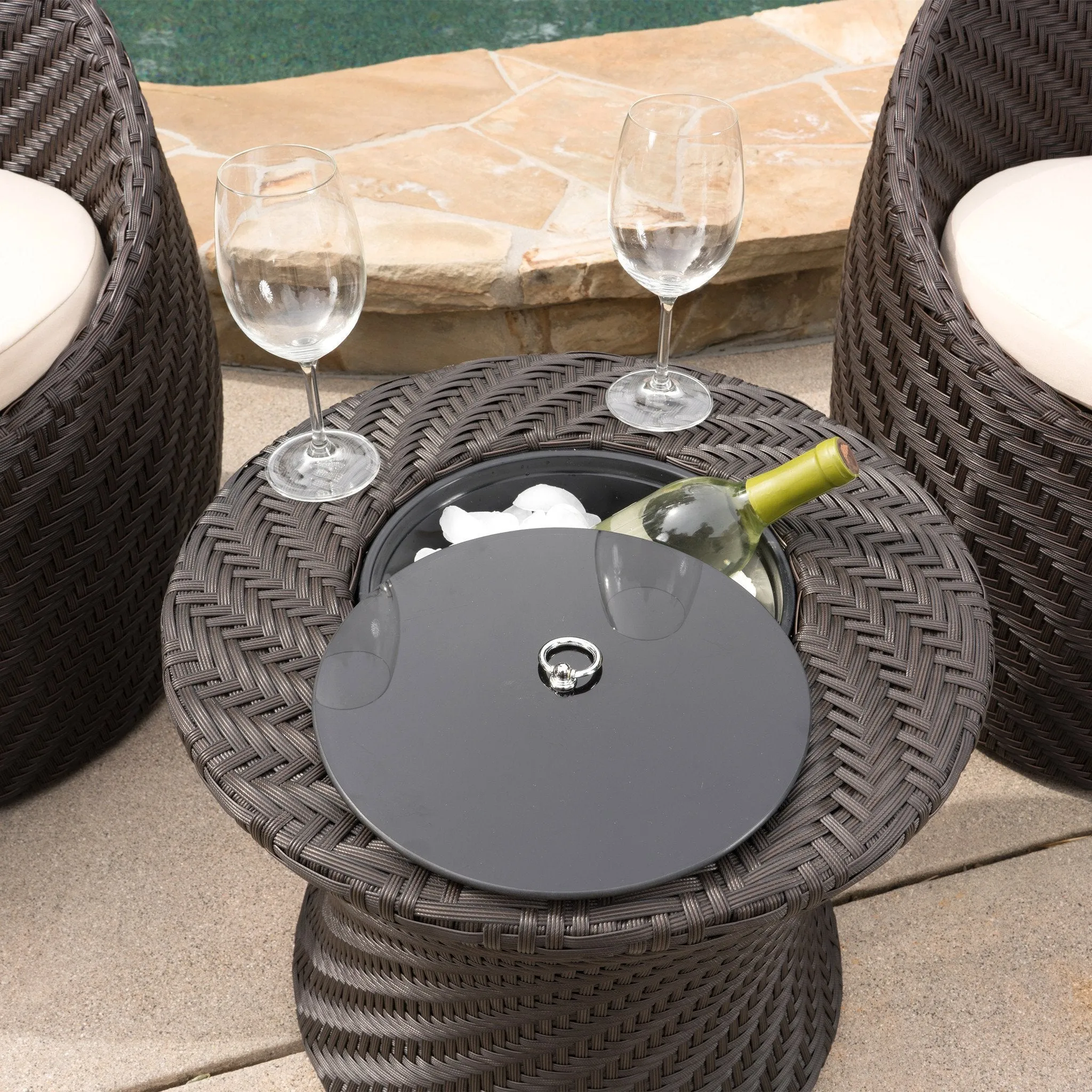 Outdoor Brown Wicker Accent Table with Ice Bucket - NH723003