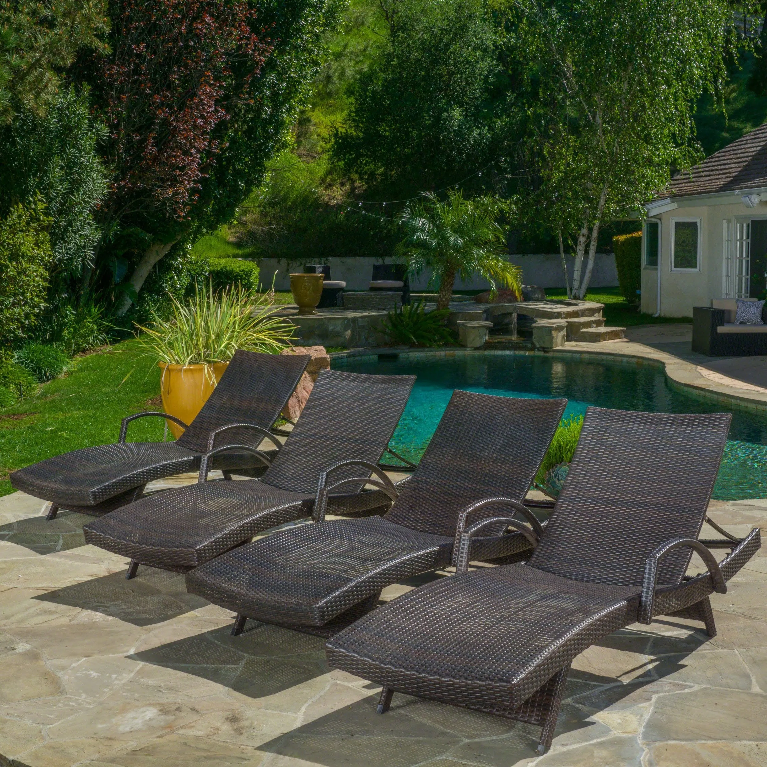 Outdoor Brown Wicker Armed Chaise Lounge Chair - NH947692