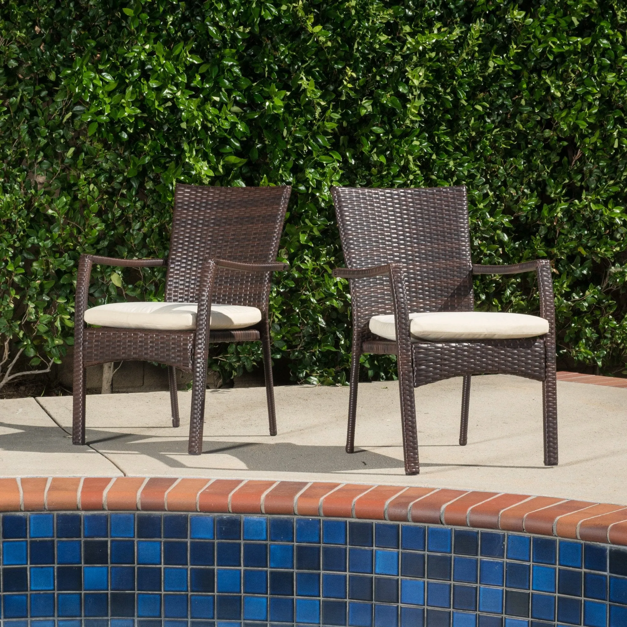 Outdoor Brown Wicker Dining Chair with Beige Cushion (Set of 2) - NH878592 patio chairs, outdoor seating
