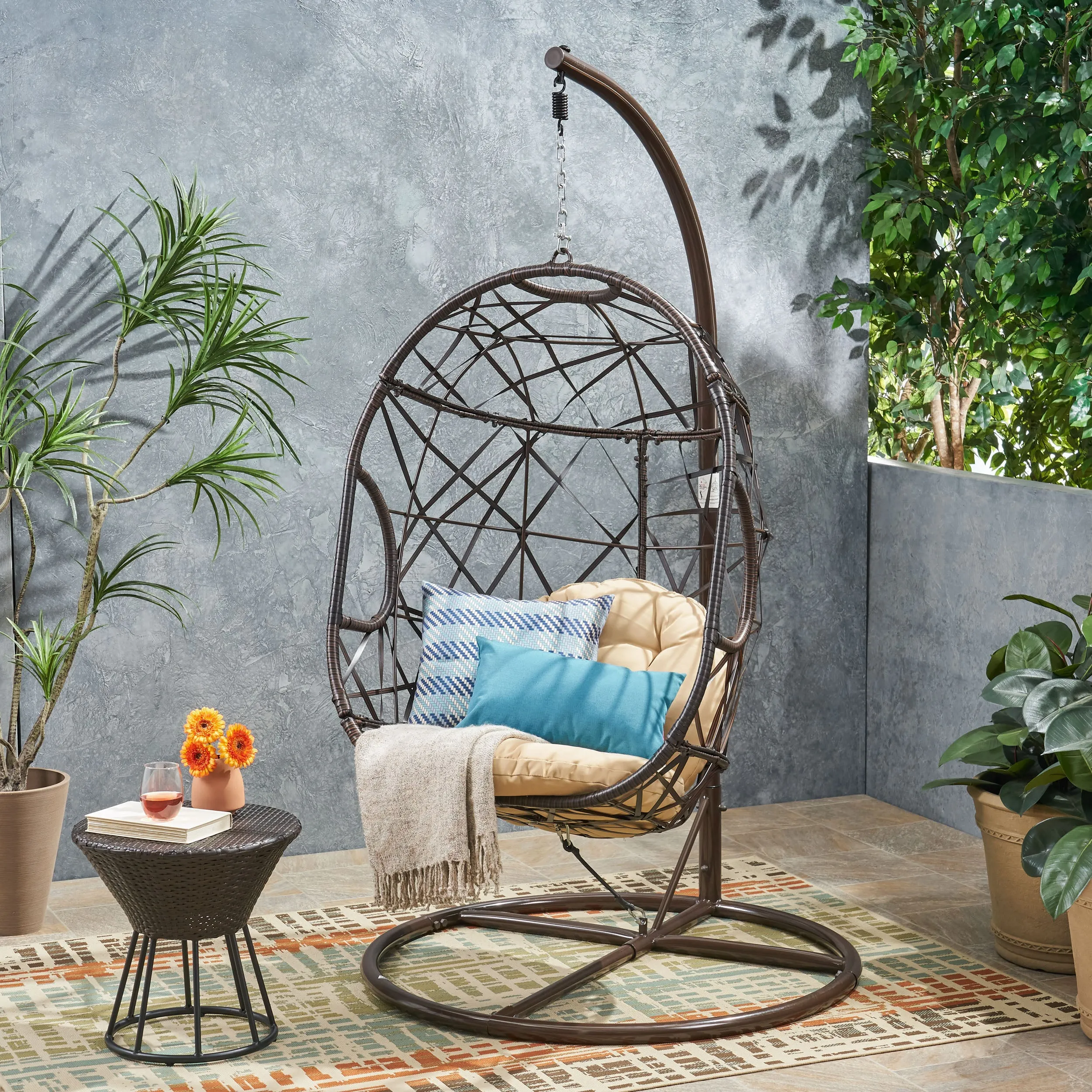 Outdoor Brown Wicker Hanging Teardrop / Egg Chair - NH669432 patio chairs, outdoor seating