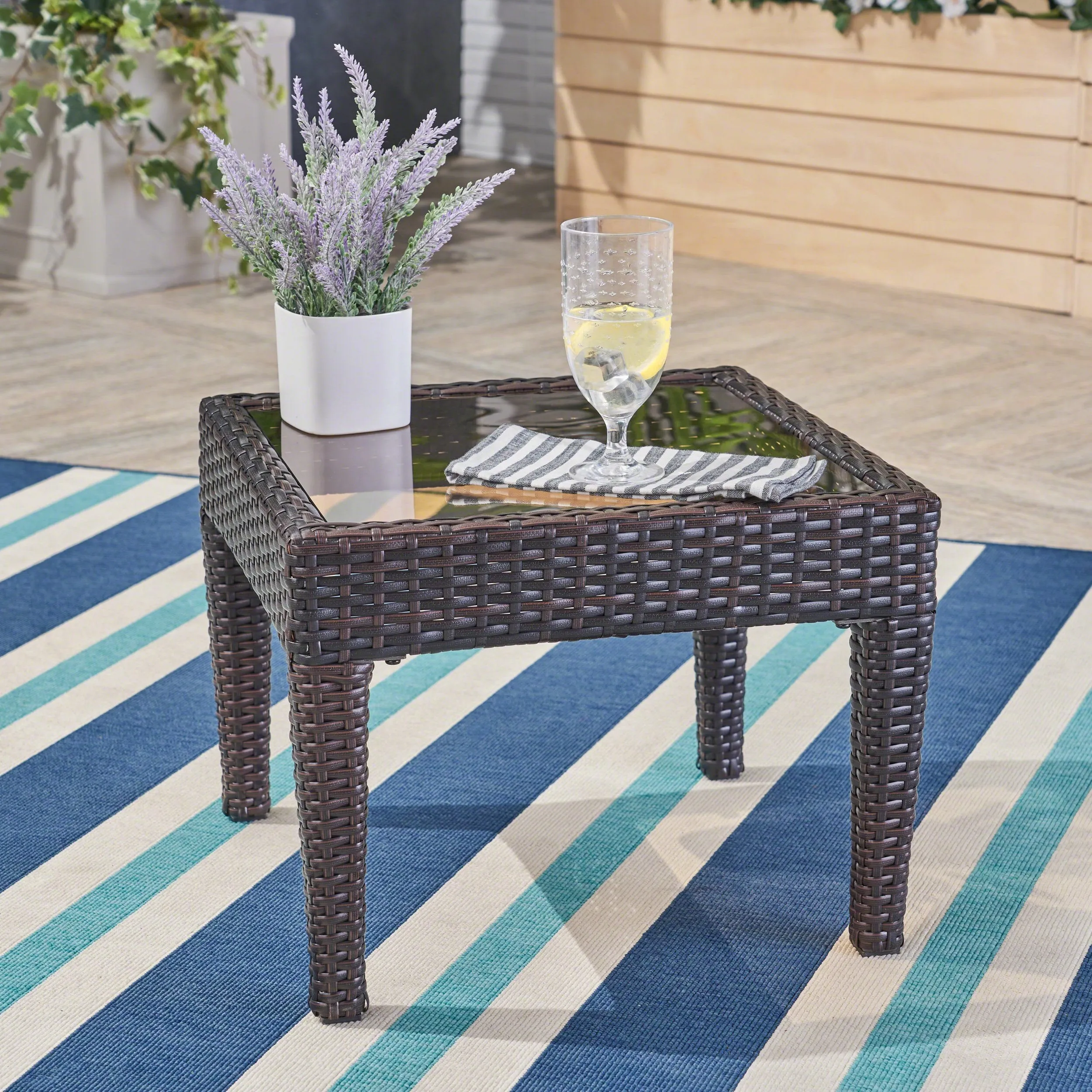 Outdoor Brown Wicker Side Table - NH460692 patio chairs, outdoor seating