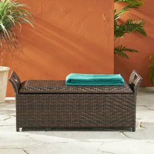 Outdoor Brown Wicker Storage Ottoman - NH155592 patio chairs, outdoor seating