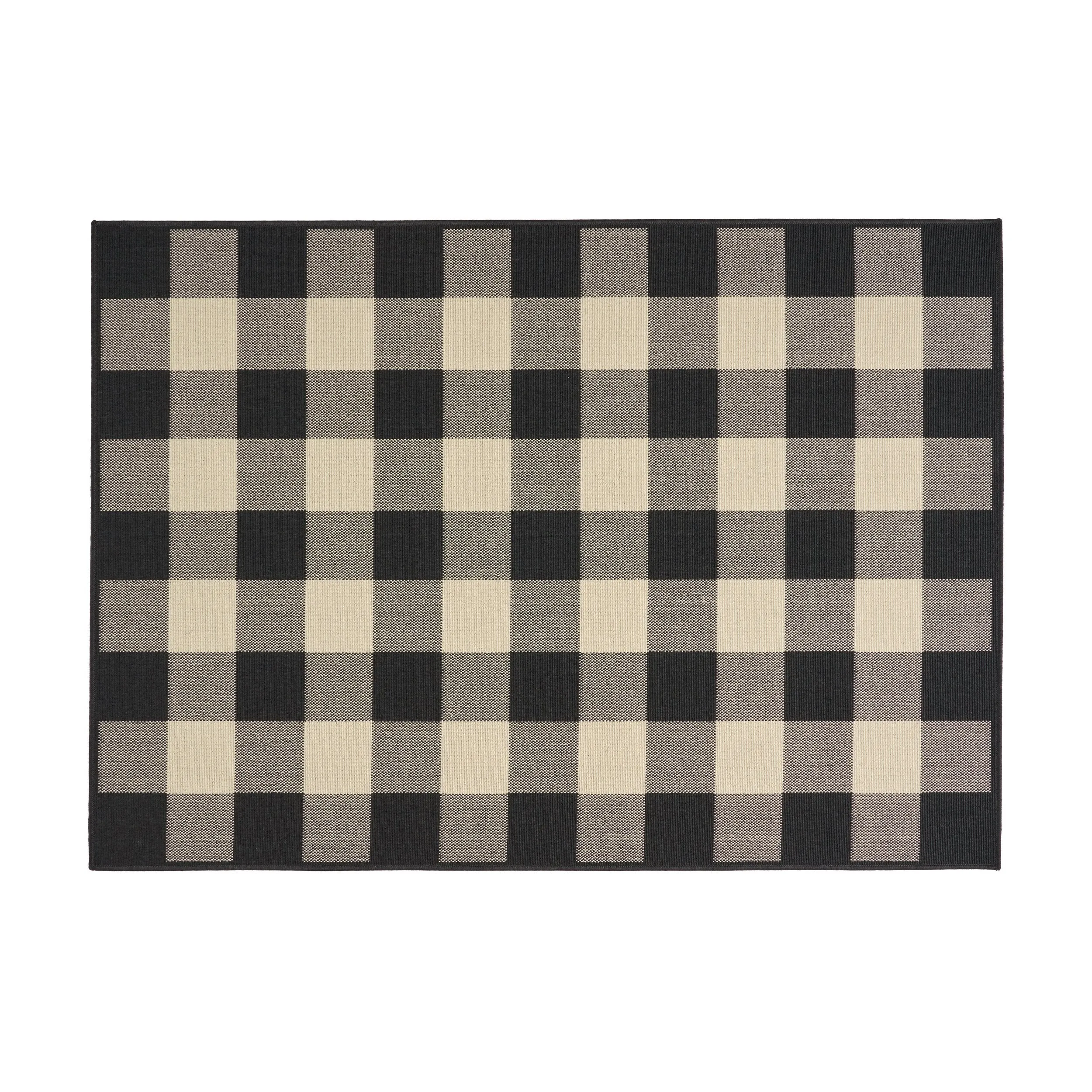 Outdoor Check Area Rug, Black and Ivory - NH355803