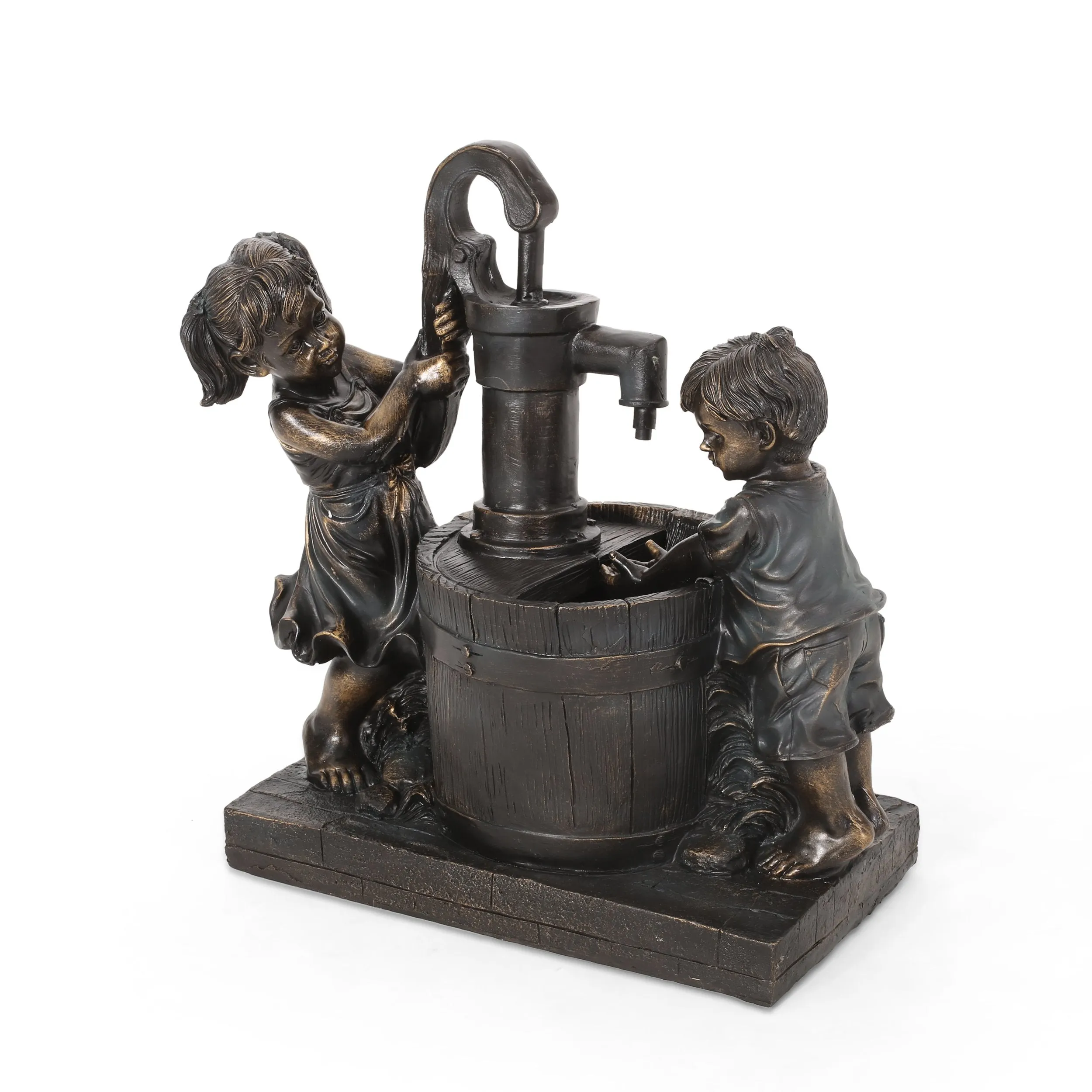 Outdoor Children at Water Pump Fountain, Dark Brown - NH773413 patio chairs, outdoor seating