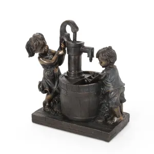 Outdoor Children at Water Pump Fountain, Dark Brown - NH773413 patio chairs, outdoor seating