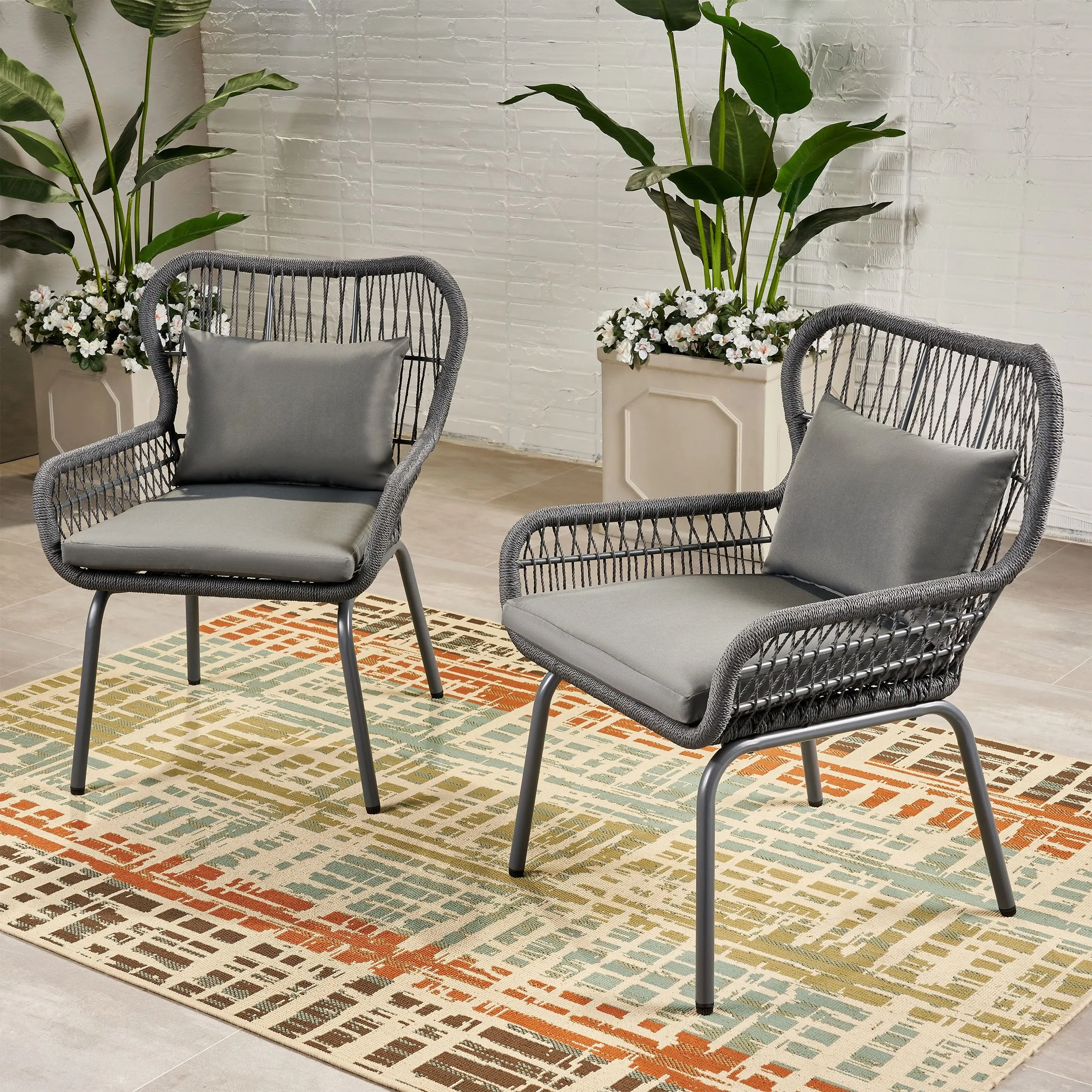 Outdoor Club Chairs, Steel and Rope, Water-Resistant Cushions, Boho - NH705703 patio chairs, outdoor seating