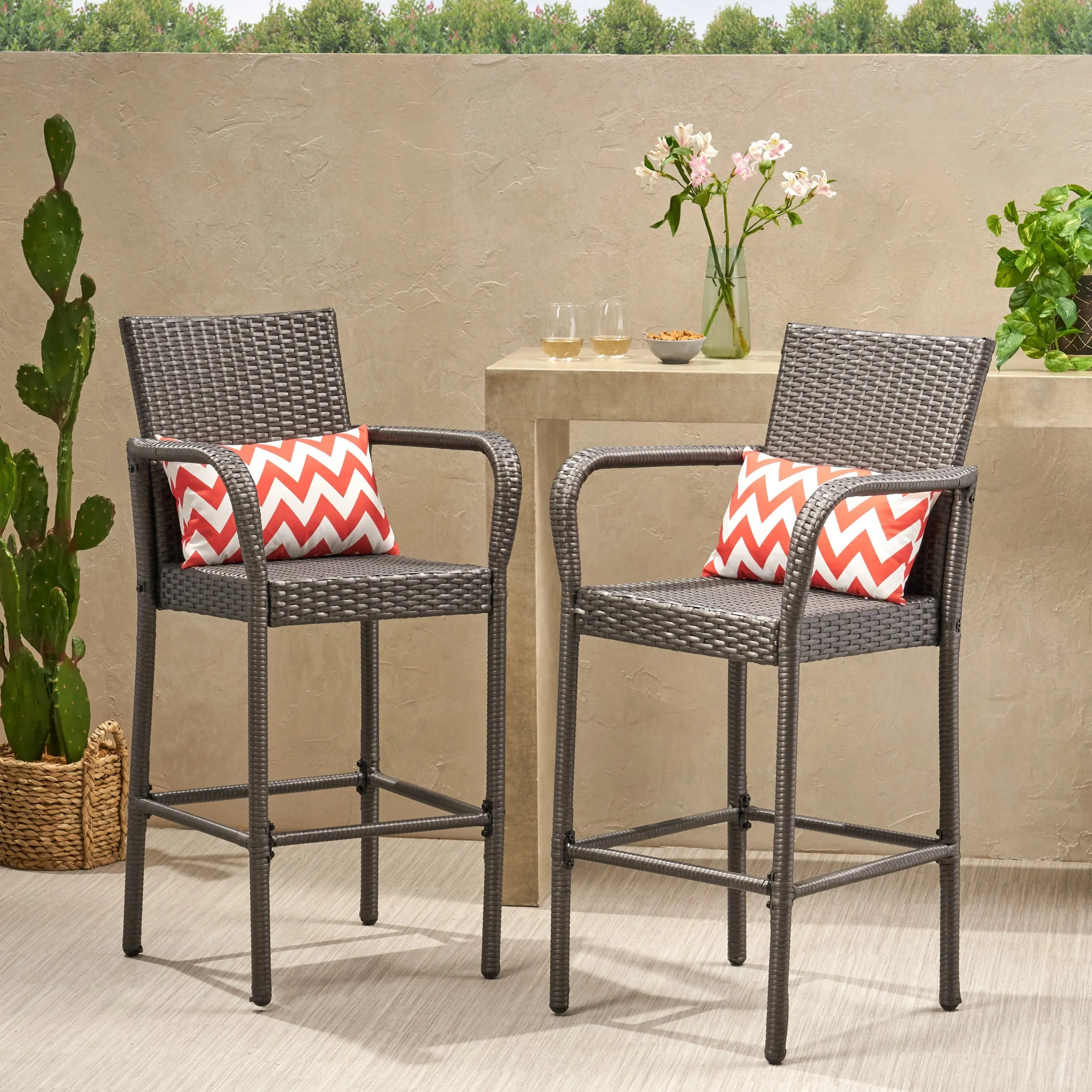 Outdoor Coastal Wicker Backed Barstools with Arms (Set of 2) - NH402103 patio chairs, outdoor seating