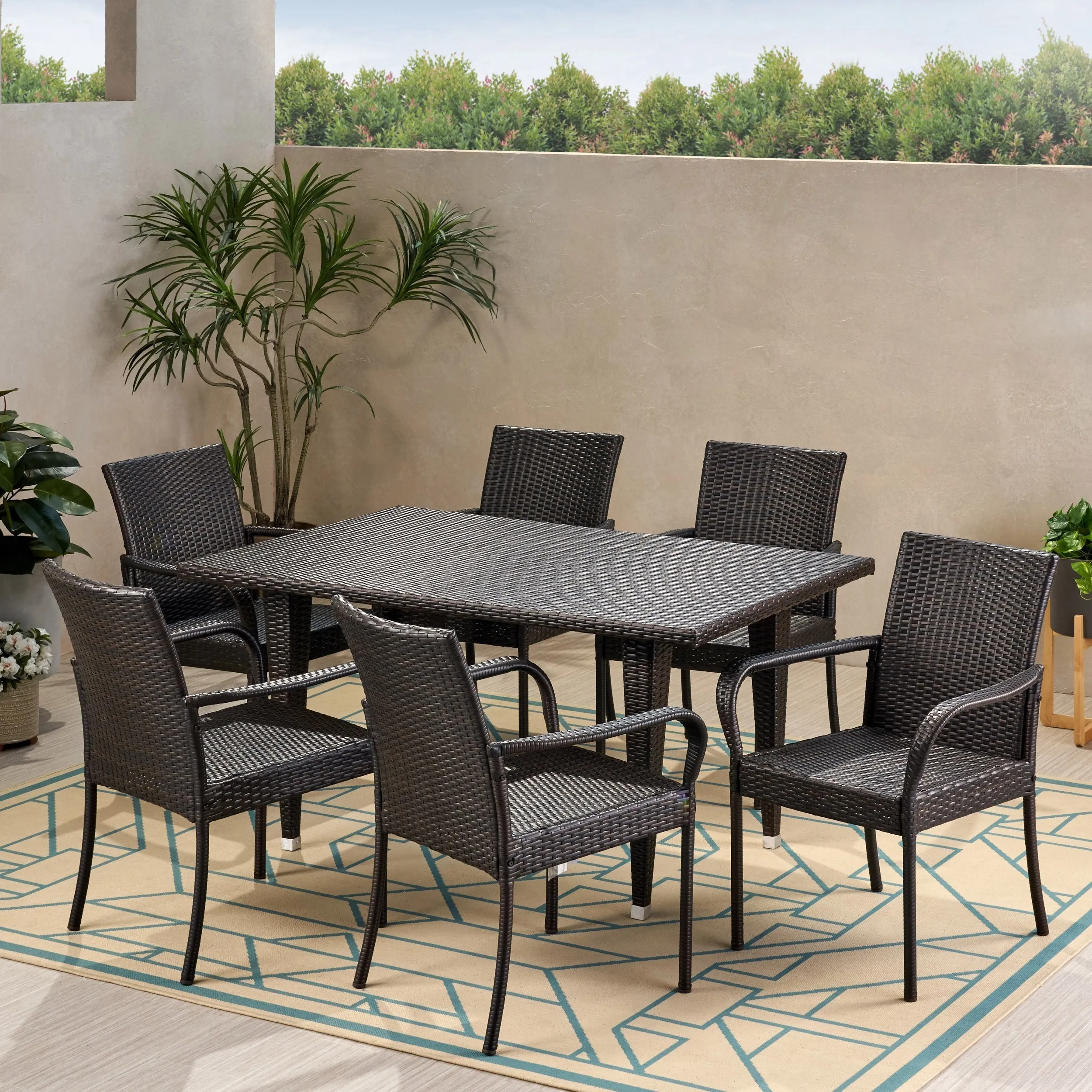 Outdoor Contemporary 6 Seater Wicker Dining Set - NH570113 patio chairs, outdoor seating