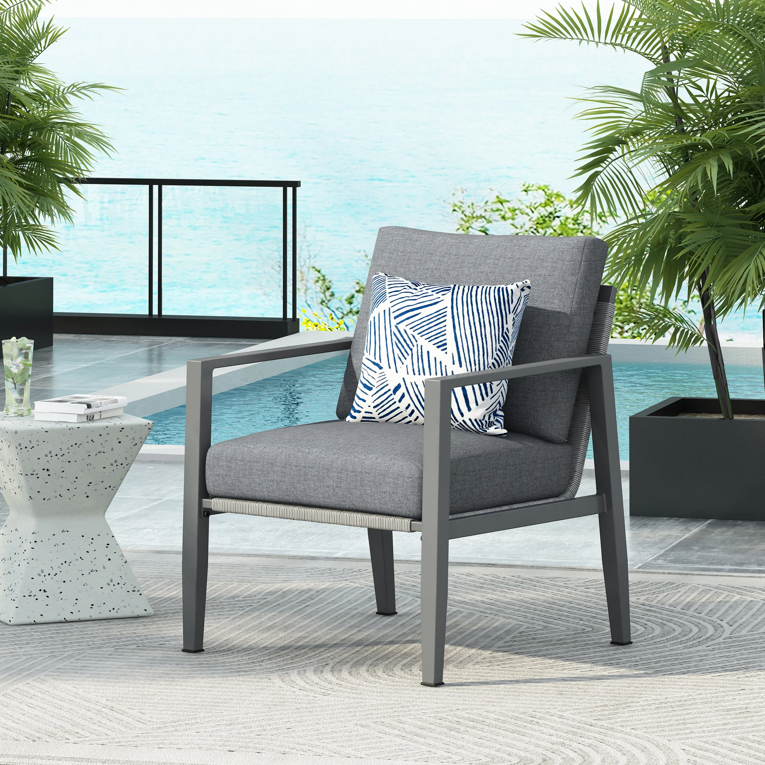 Outdoor Contemporary Gray Rope Accent Chair Club Chair, Aluminum patio chairs, outdoor seating