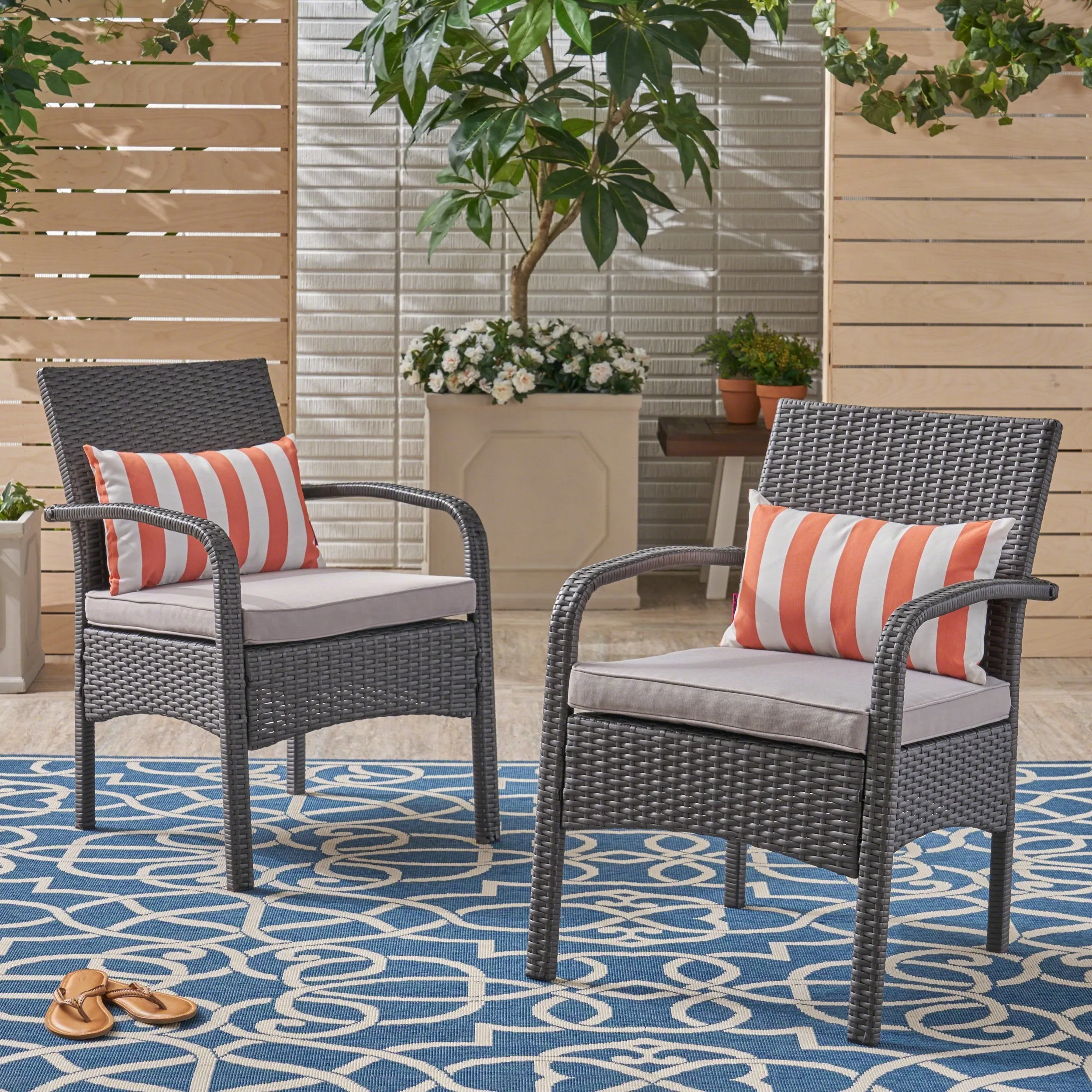 Outdoor Contemporary Wicker Club Chairs with Cushion (Set of 2) - NH908503