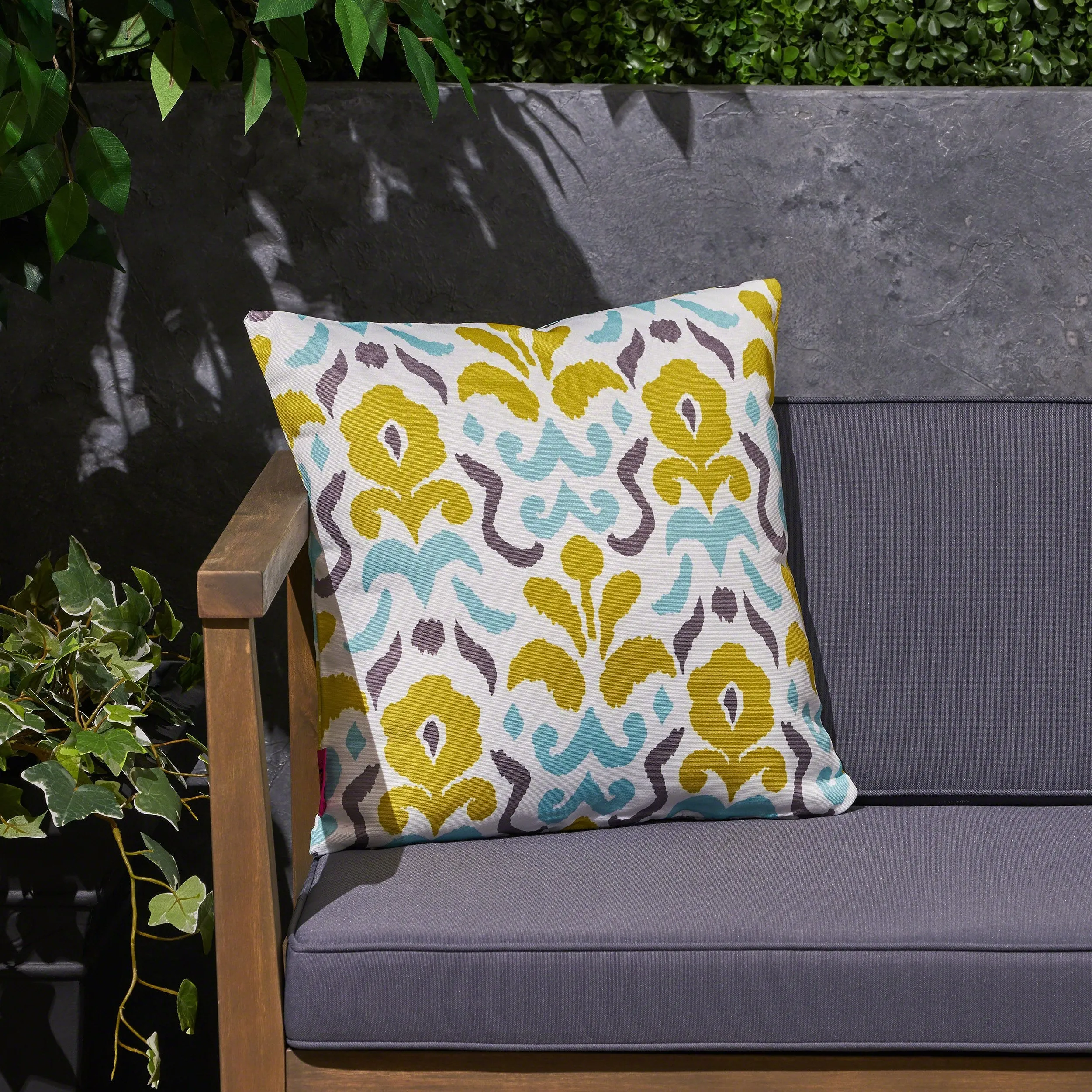 Outdoor Cushion, 17.75" Square, Abstract Floral Pattern, Cream, Yellow, Light Blue, Gray - NH631703 patio chairs, outdoor seating