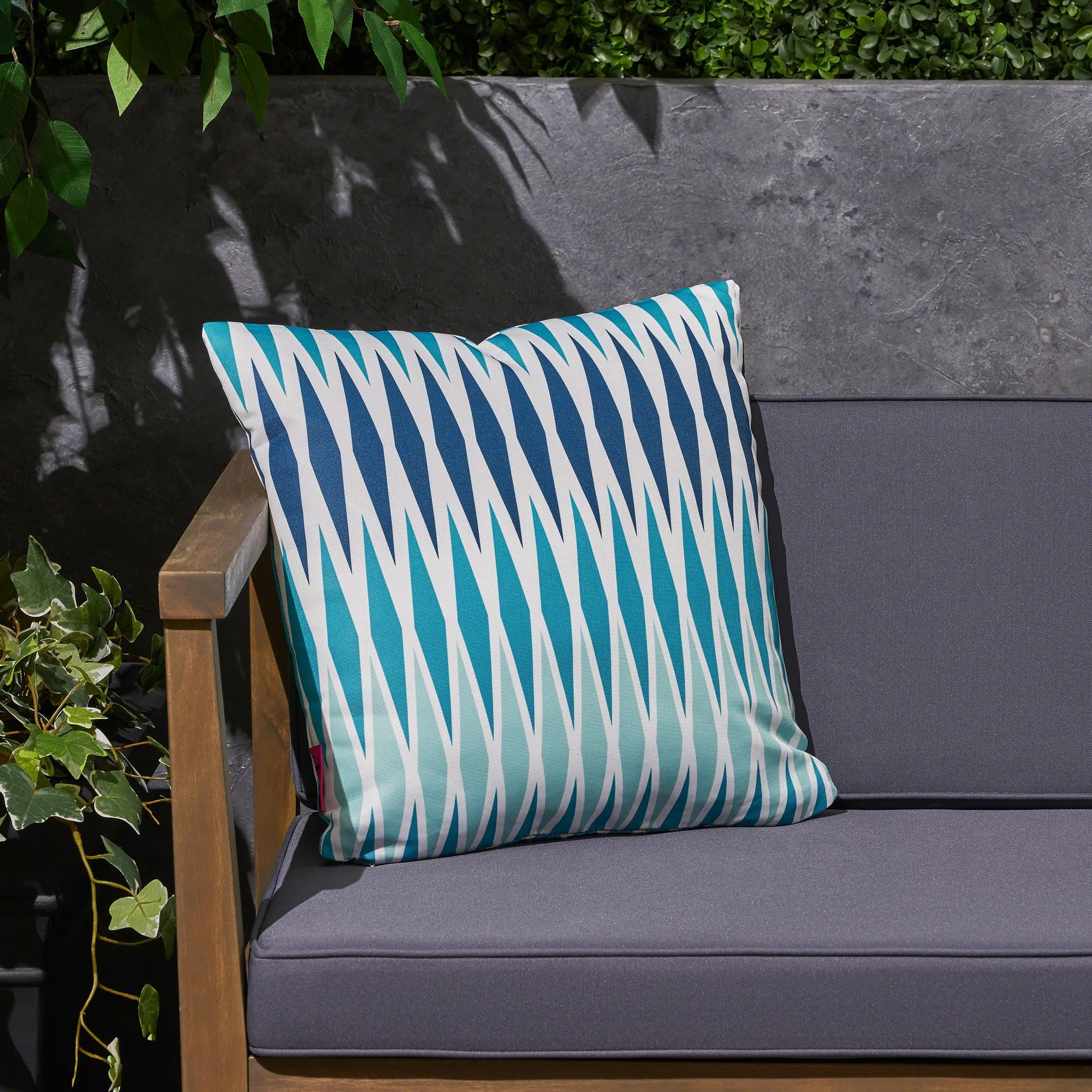 Outdoor Cushion, 17.75" Square, Geometric Pattern, Cream, Dark Teal, Turquoise, Light Blue - NH051703 patio chairs, outdoor seating