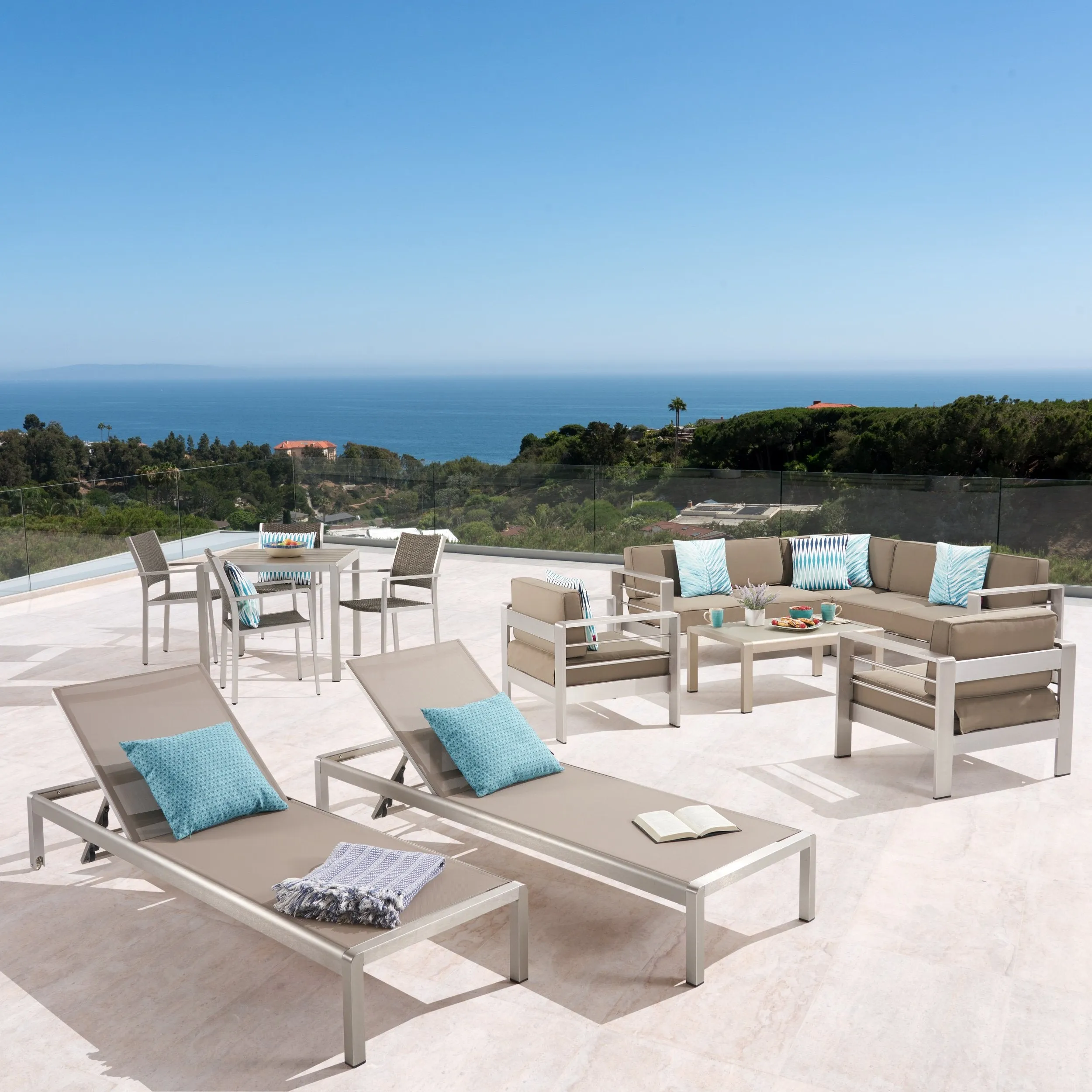 Outdoor Estate Collection - 4-Seat Dining Set, 3-Piece Sectional Sofa Set, 2 Club Chairs, 2 Chaise Lounges, Coffee Table - Aluminum - Faux Wood Table Top - Silver, Gray, Khaki - NH420703 patio chairs, outdoor seating