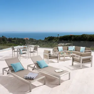 Outdoor Estate Collection - 4-Seat Dining Set, 3-Piece Sectional Sofa Set, 2 Club Chairs, 2 Chaise Lounges, Coffee Table - Aluminum - Faux Wood Table Top - Silver, Gray, Khaki - NH420703 patio chairs, outdoor seating