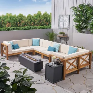 Outdoor Farmhouse Acacia Wood 8 Seater U-Shaped Sectional Sofa Set with Fire Pit - NH557603 patio chairs, outdoor seating
