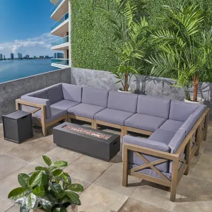 Outdoor Farmhouse Acacia Wood 8 Seater U-Shaped Sectional Sofa Set with Fire Pit - NH757603 patio chairs, outdoor seating