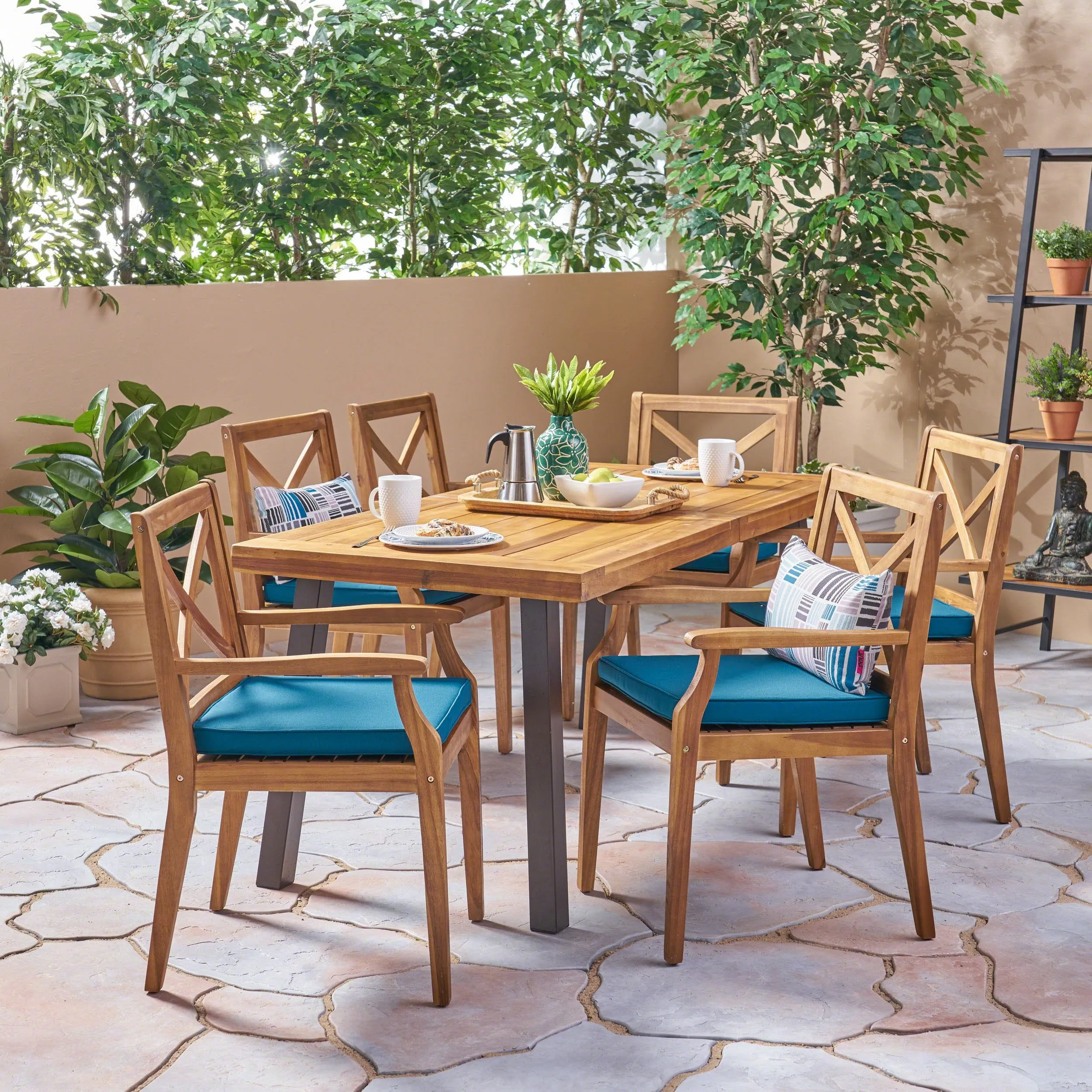 Outdoor Farmhouse Slat-Top 7 Piece Acacia Wood Dining Set with Cushions - NH877503 patio chairs, outdoor seating