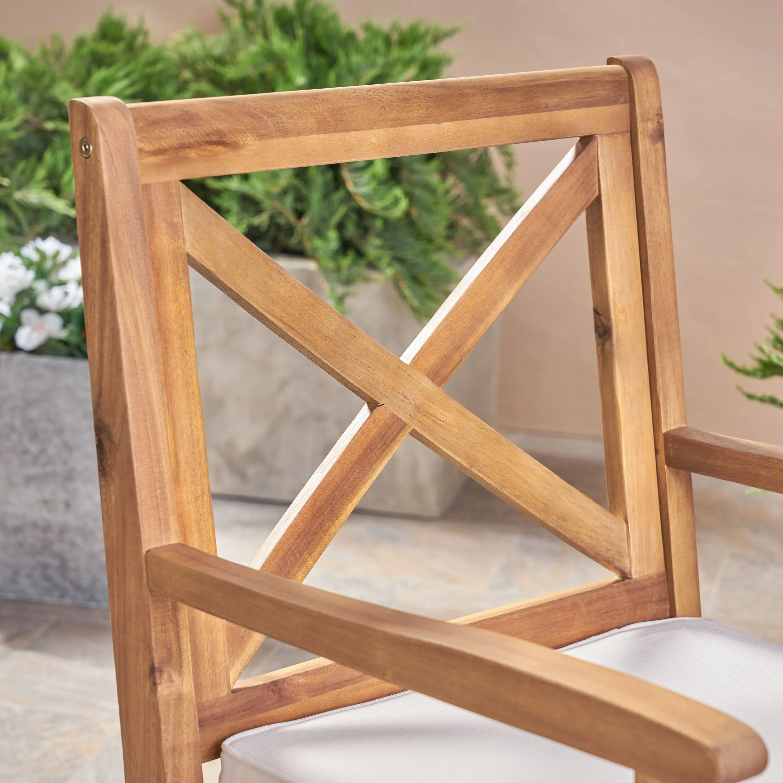 Outdoor Farmhouse Slat-Top 7 Piece Acacia Wood Dining Set with Cushions - NH877503