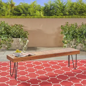 Outdoor Farmhouse Slat-Top Acacia Wood Bench w/ Metal Hairpin Legs - NH978403 patio chairs, outdoor seating