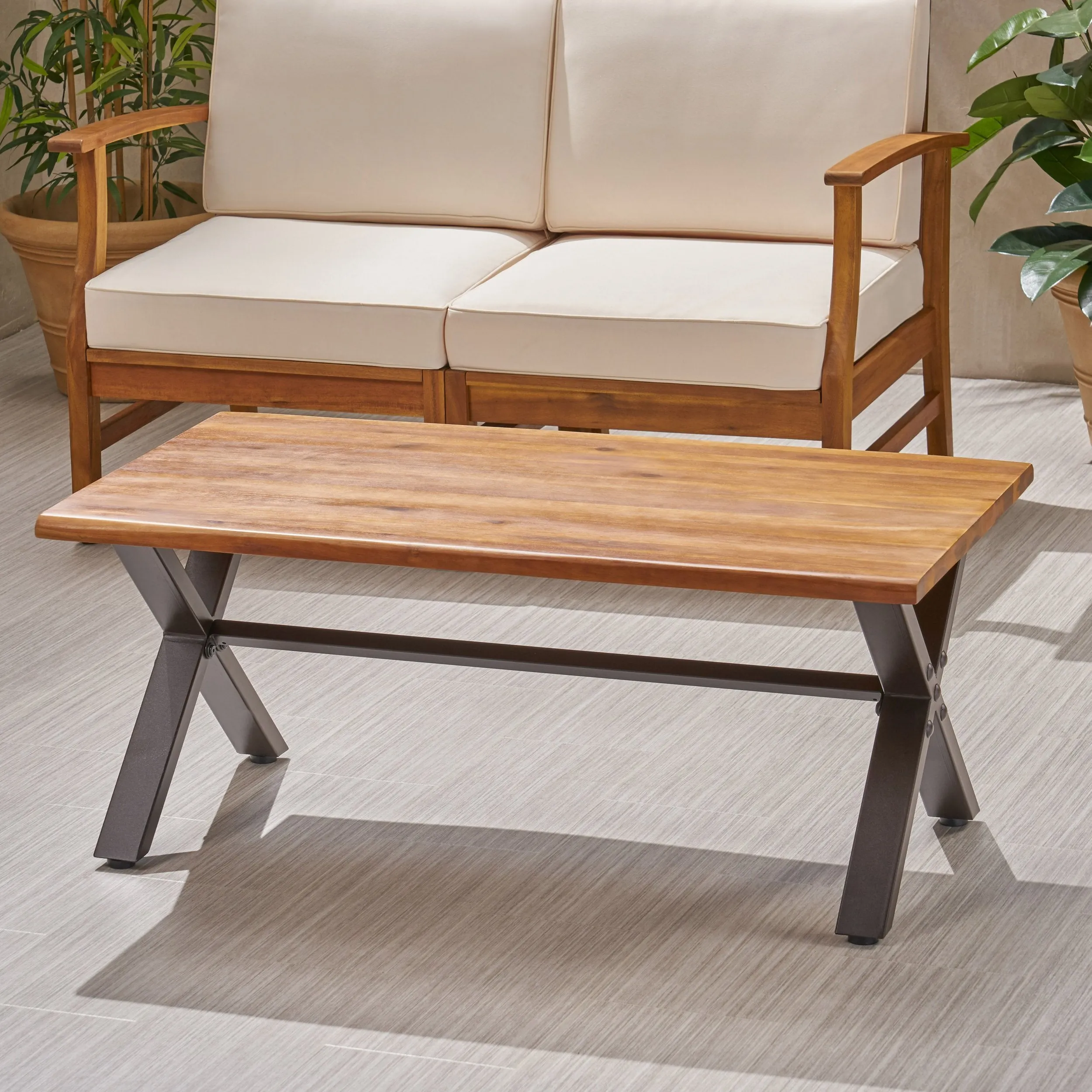 Outdoor Farmhouse Teak Acacia Wood Coffee Table with Black X-Frame Legs - NH693403 patio chairs, outdoor seating