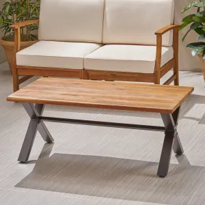 Outdoor Farmhouse Teak Acacia Wood Coffee Table with Black X-Frame Legs - NH693403 patio chairs, outdoor seating