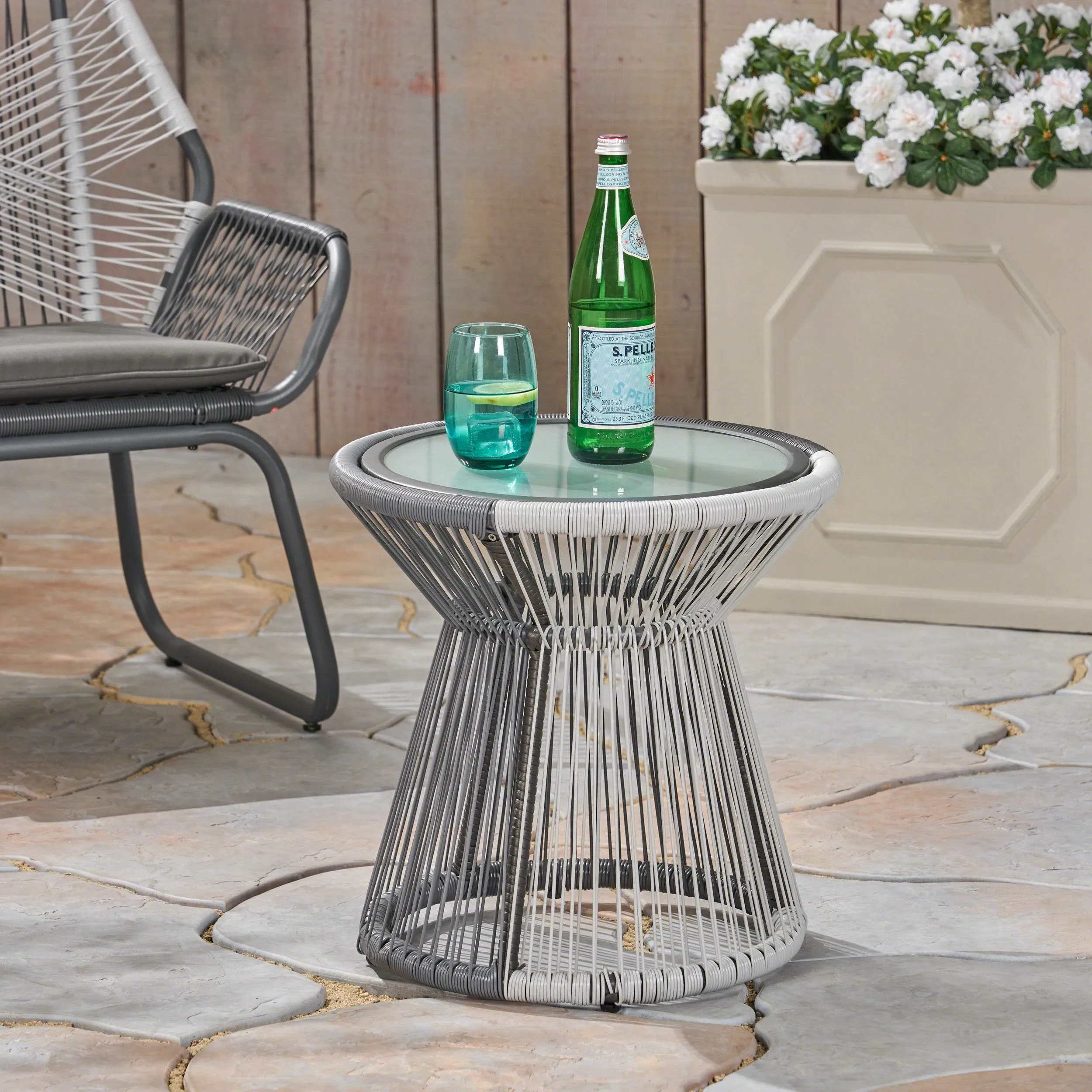Outdoor Faux Rattan Side Table with Glass Top - NH432503 patio chairs, outdoor seating