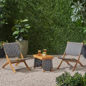 Outdoor Foldable 2 Seater Acacia Wood Chat Set with Strapping Belt Accents, Brown and Gray - NH683903 patio chairs, outdoor seating