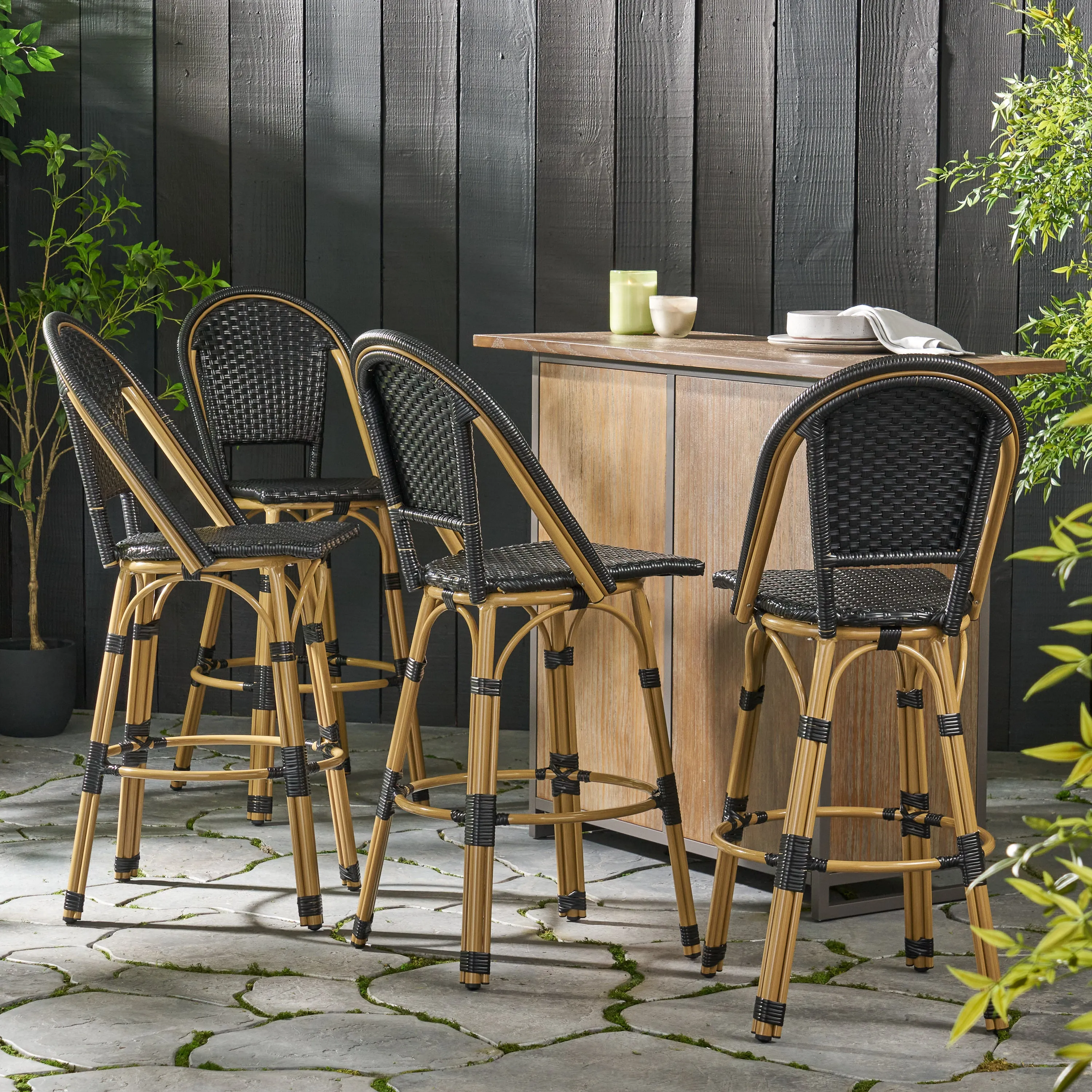 Outdoor French Wicker and Aluminum 29.5 Inch Barstools