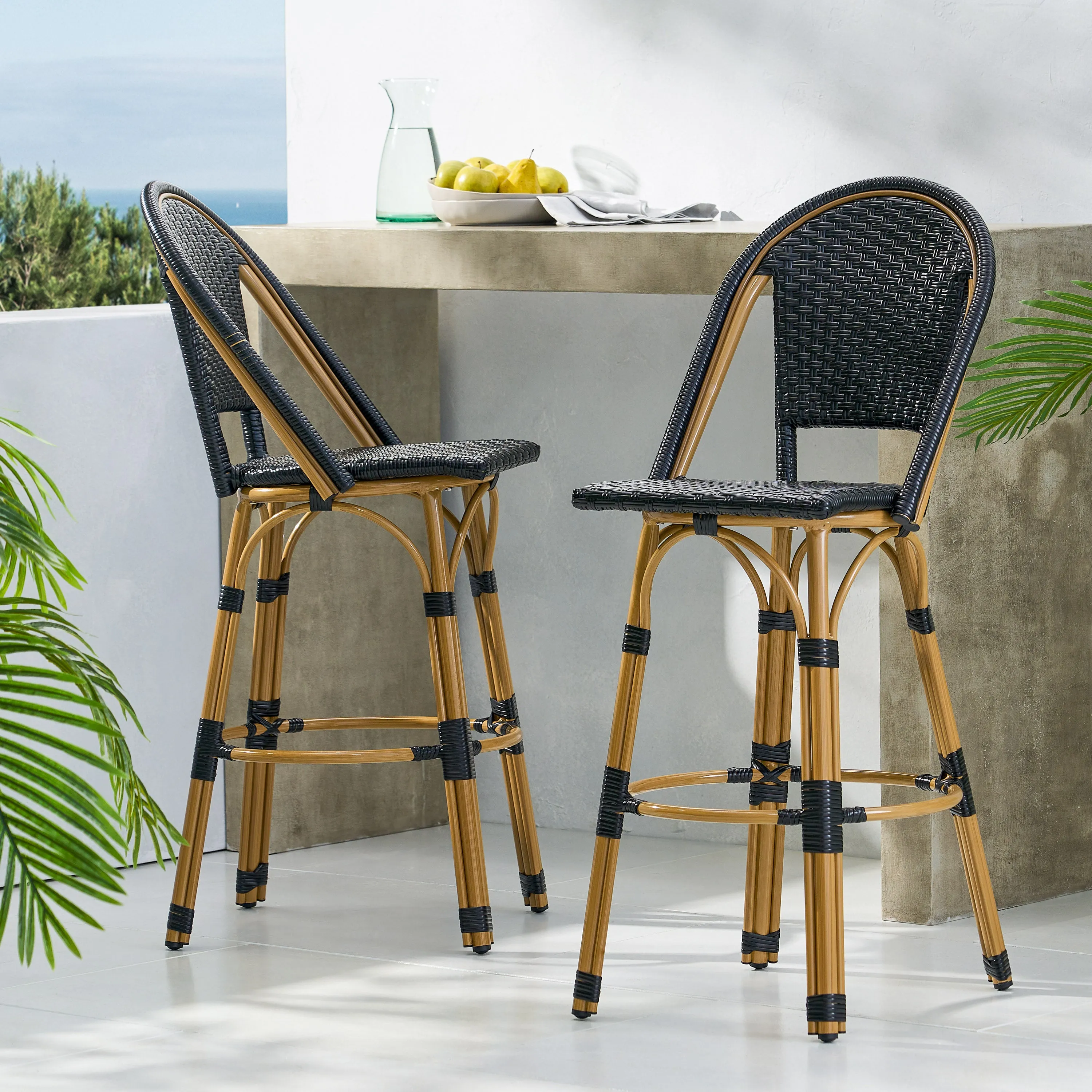 Outdoor French Wicker and Aluminum 29.5 Inch Barstools