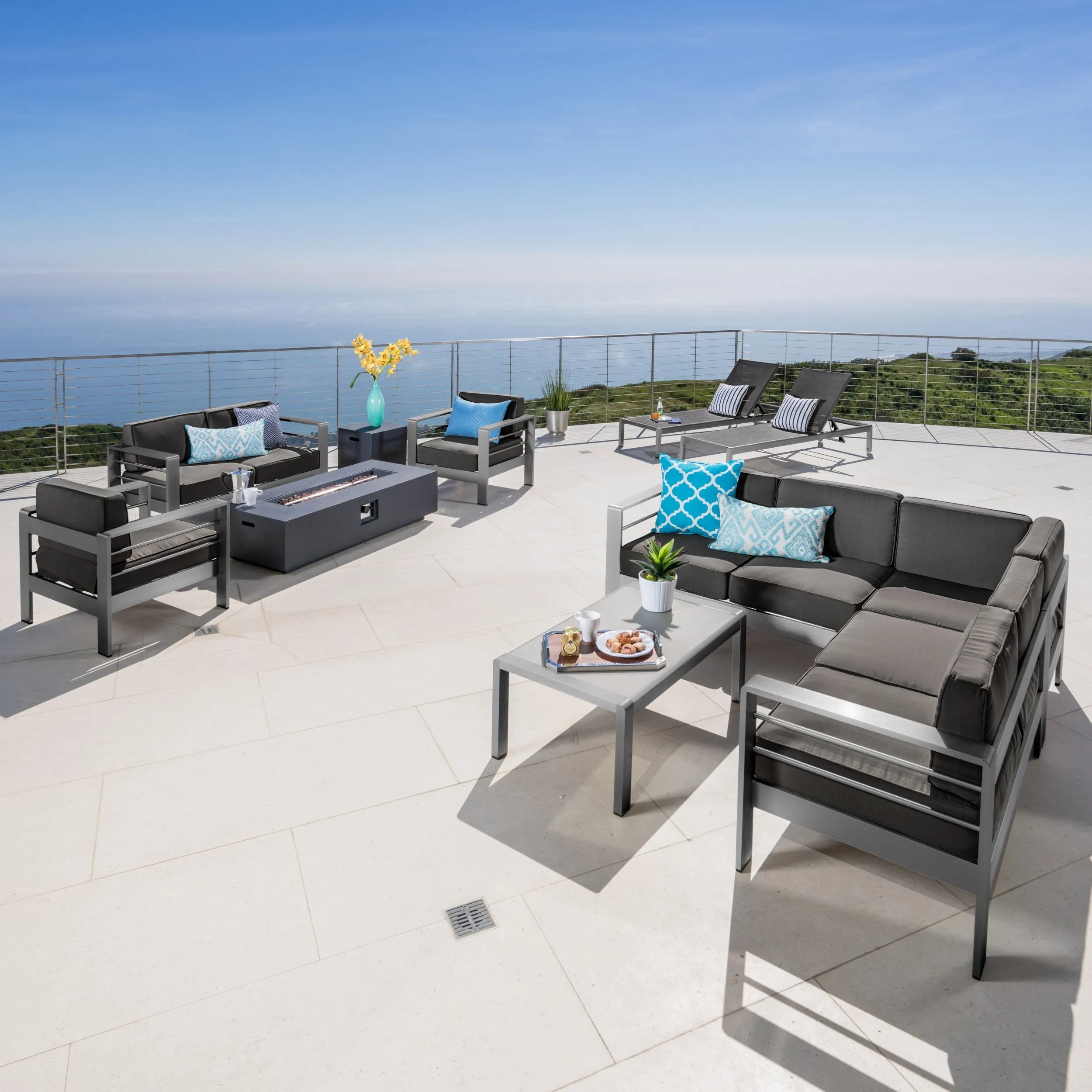 Outdoor Gray Aluminum 11 Piece Estate Patio Collection with Firepit - NH008103 patio chairs, outdoor seating