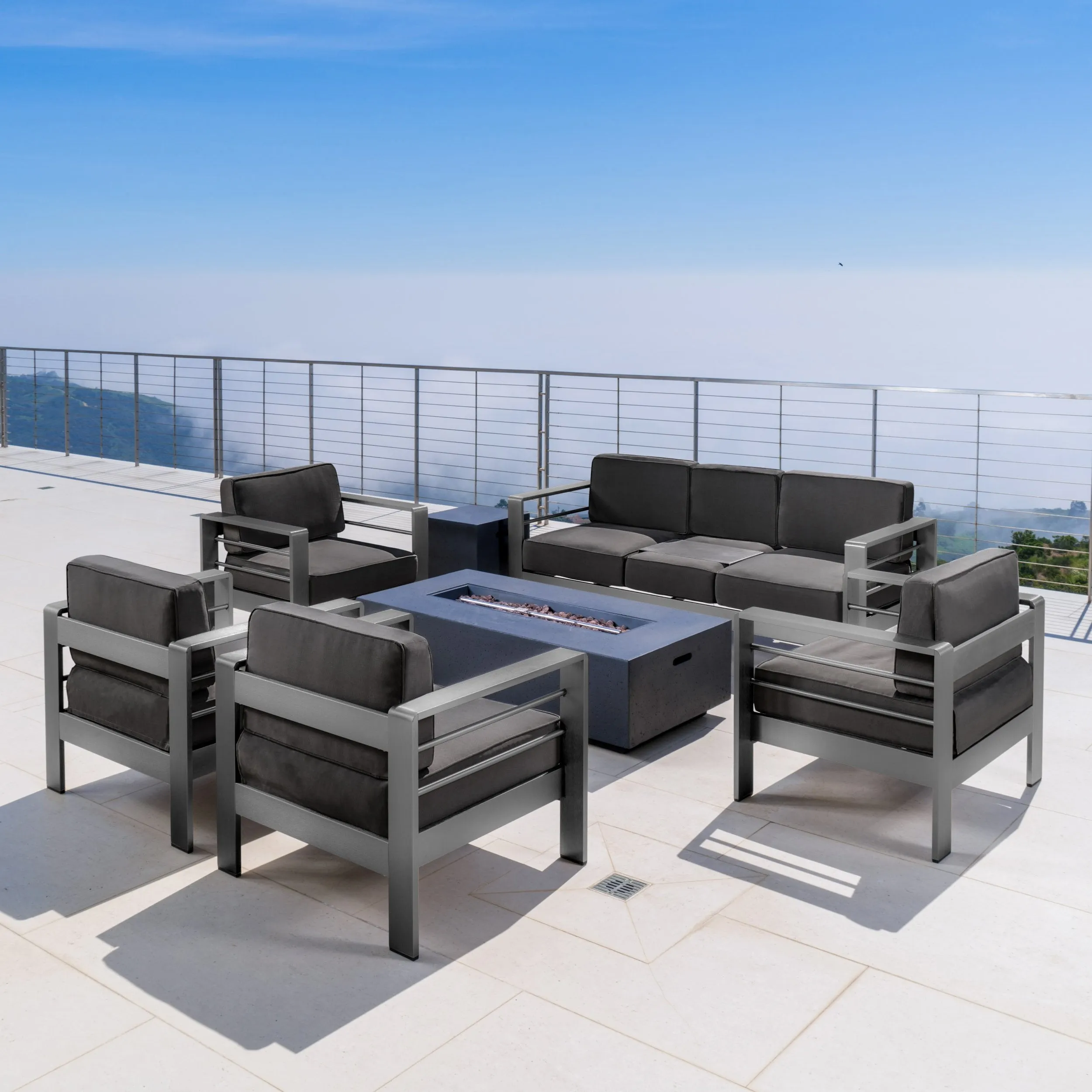 Outdoor Gray Aluminum 7 Piece Sofa Chat Set with Fire Table - NH587103 patio chairs, outdoor seating