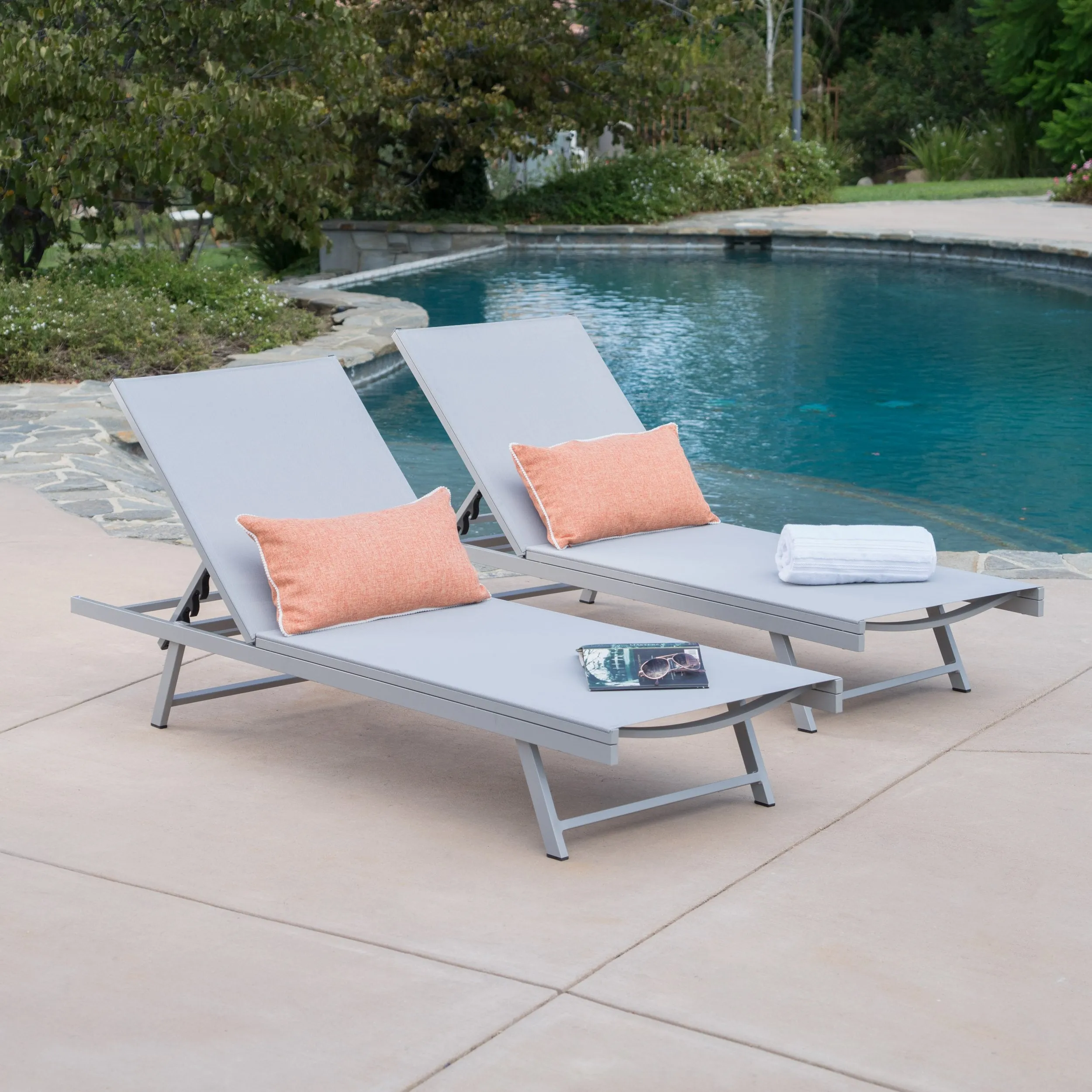 Outdoor Gray Mesh Chaise Lounge with Aluminum Frame - NH615103 patio chairs, outdoor seating