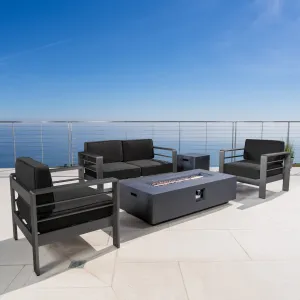 Outdoor Grey Aluminum 5 Piece Loveseat Chat Set with Fire Table - NH787103 patio chairs, outdoor seating