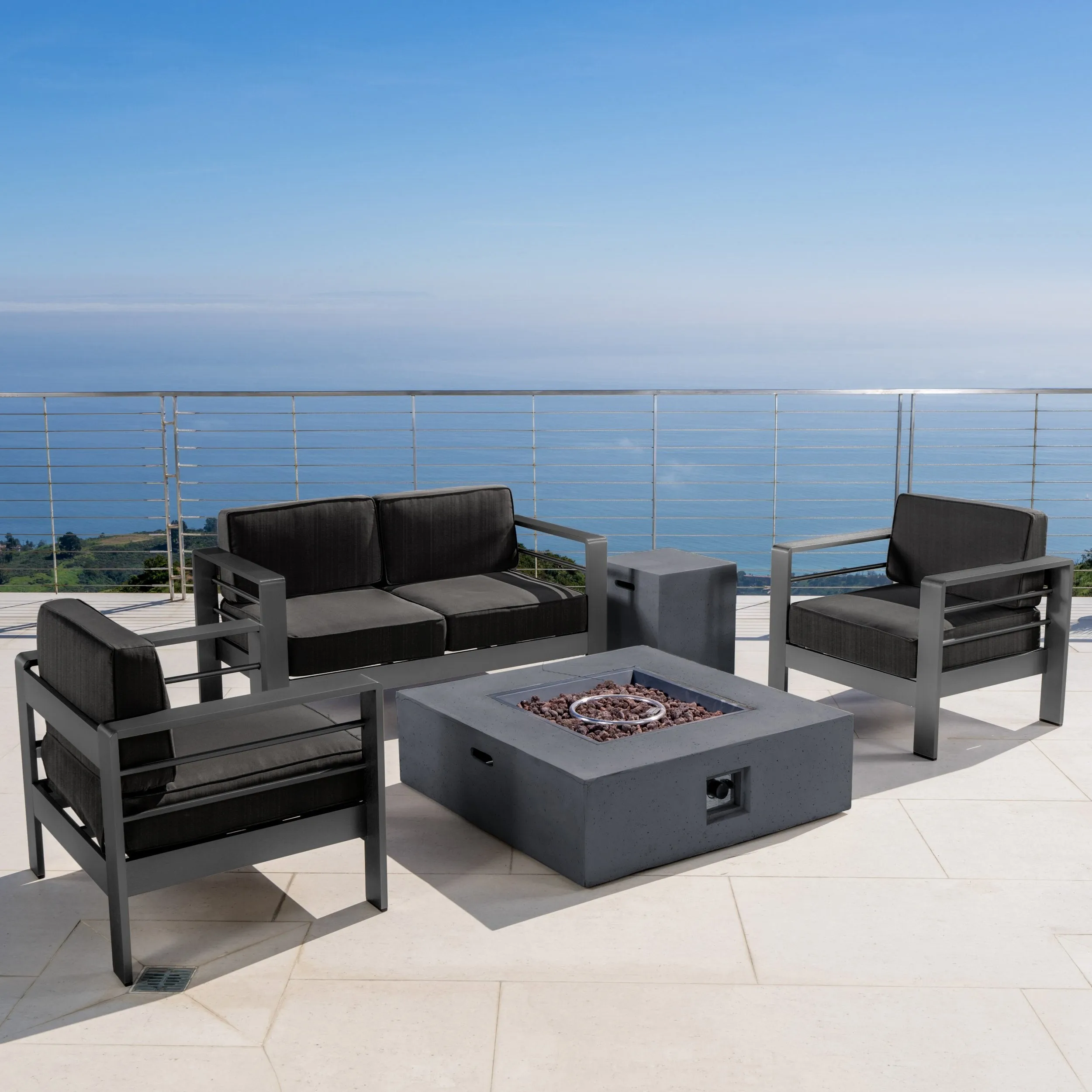 Outdoor Grey Aluminum 5 Piece Loveseat Chat Set with Fire Table - NH987103 patio chairs, outdoor seating