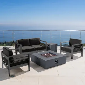 Outdoor Grey Aluminum 5 Piece Loveseat Chat Set with Fire Table - NH987103 patio chairs, outdoor seating