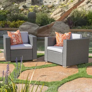 Outdoor Grey Wicker Club Chair with Silver Water Resistant Fabric Cushions (Set of 2) - NH788992 patio chairs, outdoor seating
