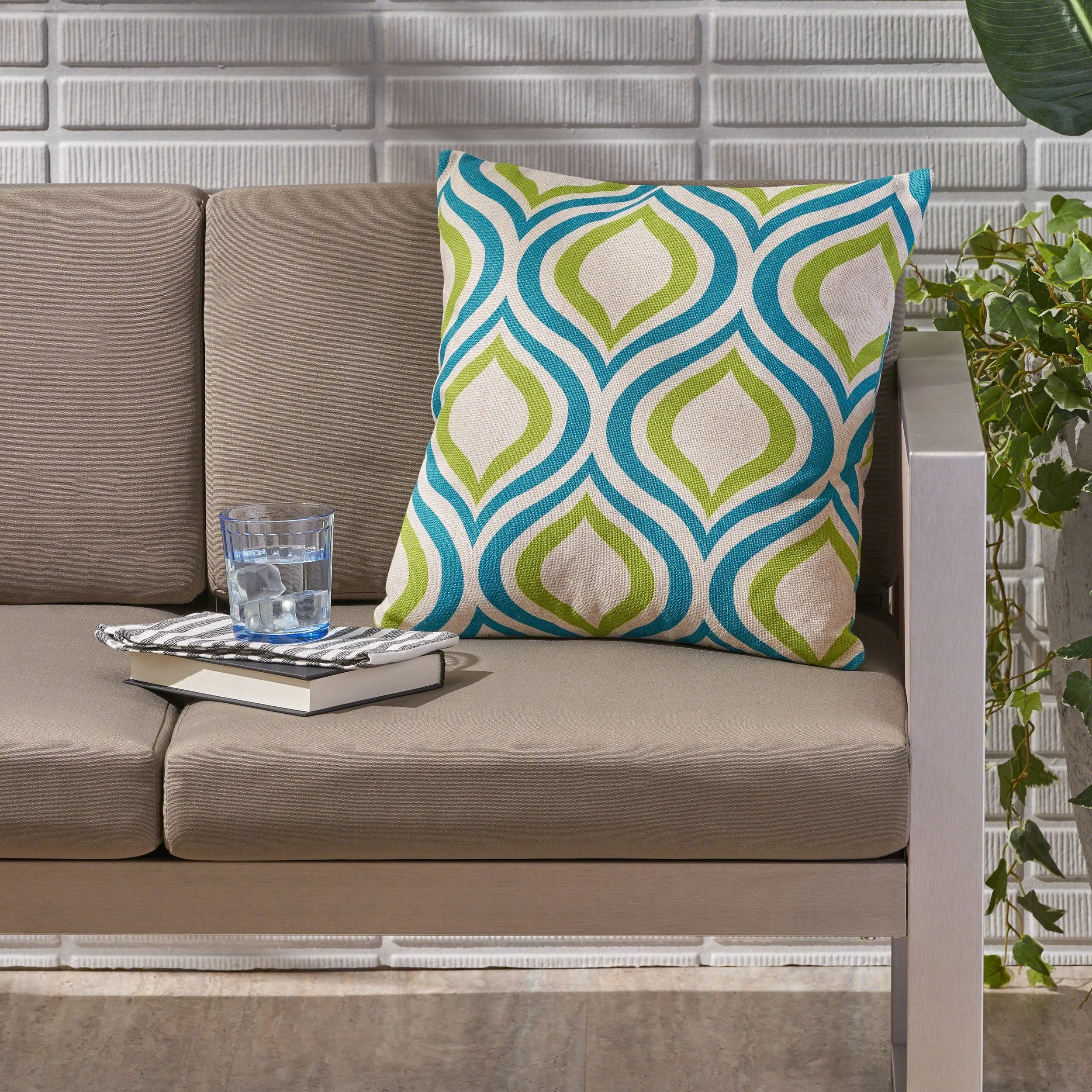 Outdoor Ikat Water Resistant 18-inch Square Pillow, Blue / Green Ikat - NH697503 patio chairs, outdoor seating