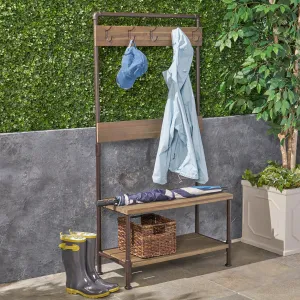 Outdoor Industrial Acacia and Iron Bench with Shelf and Coat Hooks - NH174503 patio chairs, outdoor seating