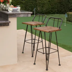 Outdoor Industrial Teak Finished Acacia Wood Barstools with Iron Frame - NH944303 patio chairs, outdoor seating