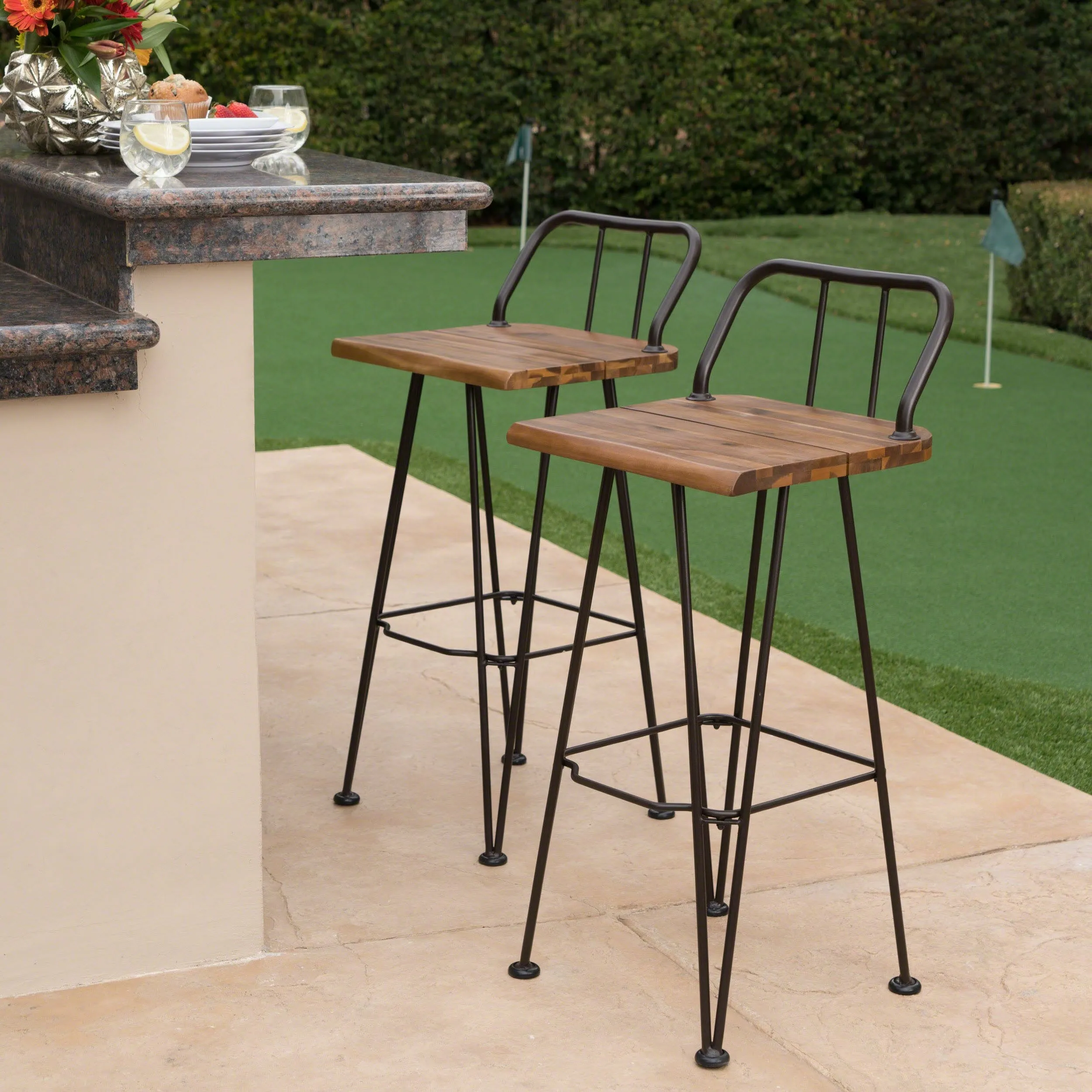 Outdoor Industrial Teak Finished Acacia Wood Barstools with Iron Frame - NH944303 patio chairs, outdoor seating