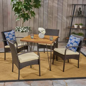Outdoor Industrial Wood and Wicker 5 Piece Square Dining Set, Teak and Multi Brown and Crme - NH764503 patio chairs, outdoor seating