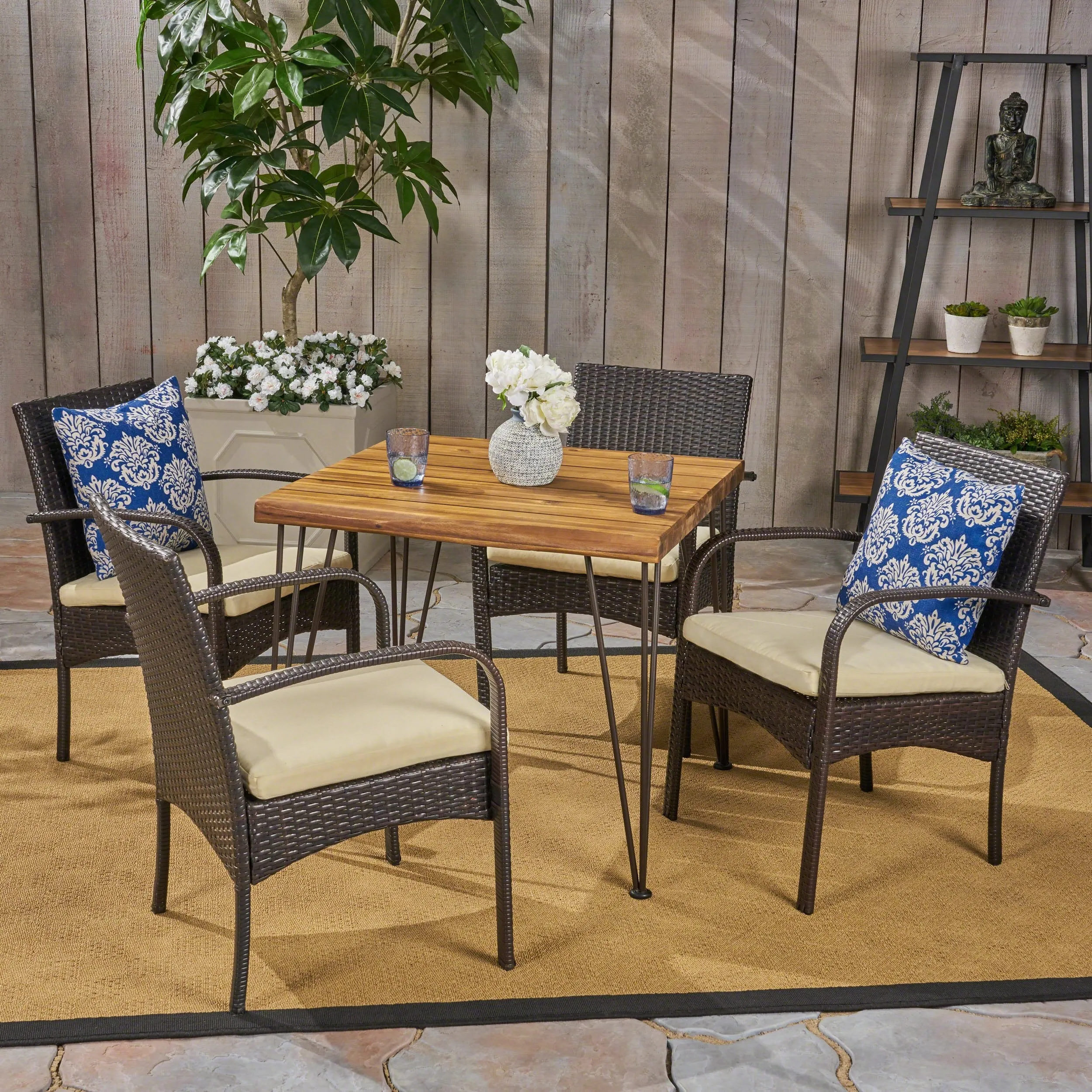 Outdoor Industrial Wood and Wicker 5 Piece Square Dining Set, Teak and Multi Brown and Crme - NH764503 patio chairs, outdoor seating